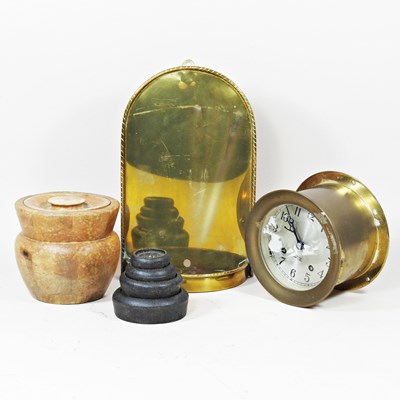 Lot 225 - A brass ship's clock, together with a brass...