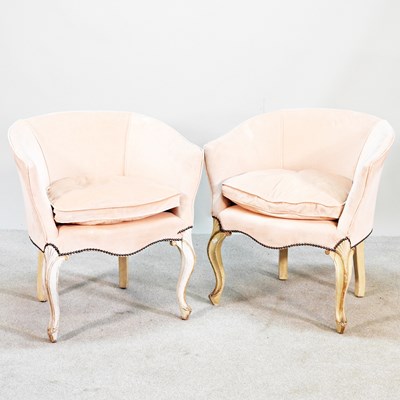 Lot 129 - A pair of French peach upholstered bergere...