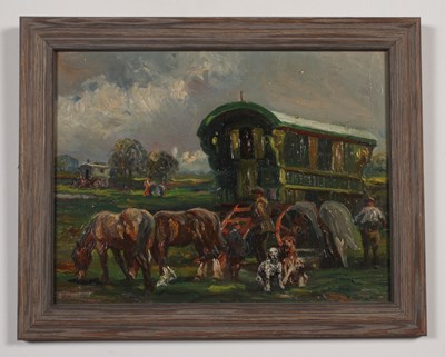 Lot 398 - Geoffrey Mortimer (1895-1986), Gypsy Camp, oil...