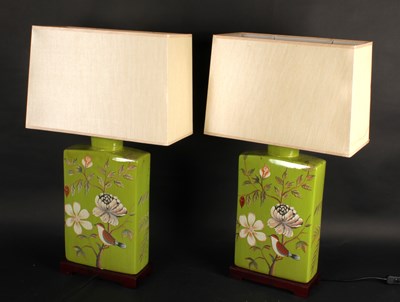 Lot 691 - A pair of green pottery table lamps