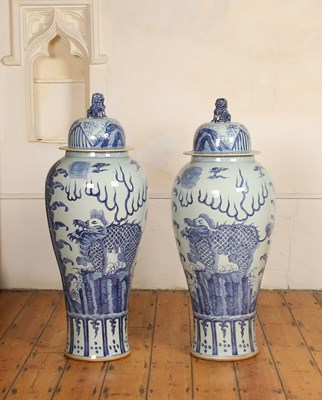 Lot 165 - A pair of large Chinese blue and white temple...
