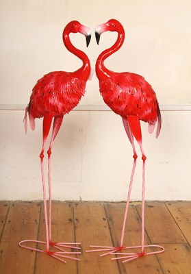 Lot 530 - A pair of painted metal models of flamingos