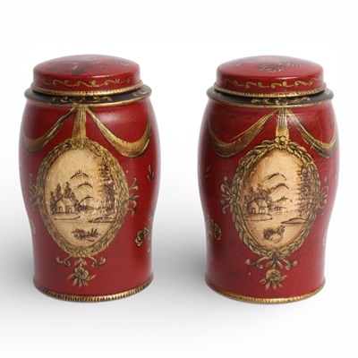Lot 269 - A pair of Regency style red toleware type jars