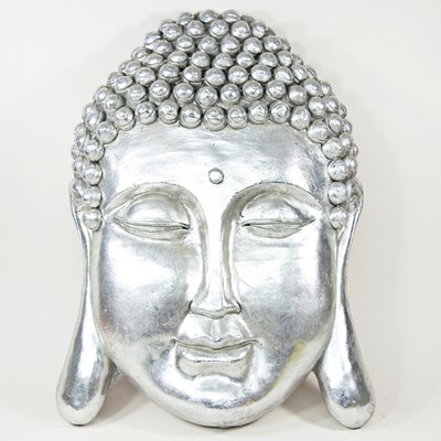 Lot 254 - A silver painted wall hanging buddha mask,...