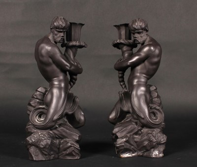 Lot 23 - A pair of Wedgwood black basalt Triton figural...