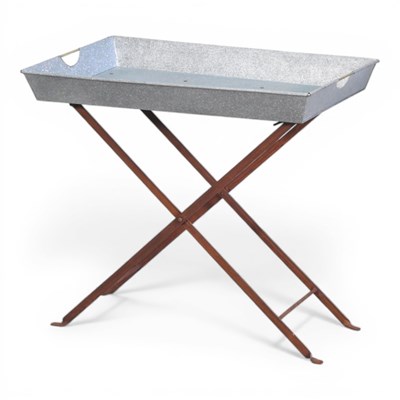 Lot 536 - A galvanised metal tray, on a folding stand