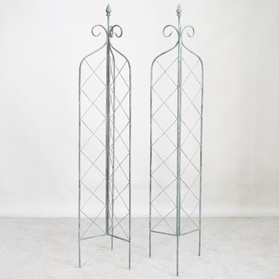 Lot 153 - A pair of lattice folding garden spires, 180cm...