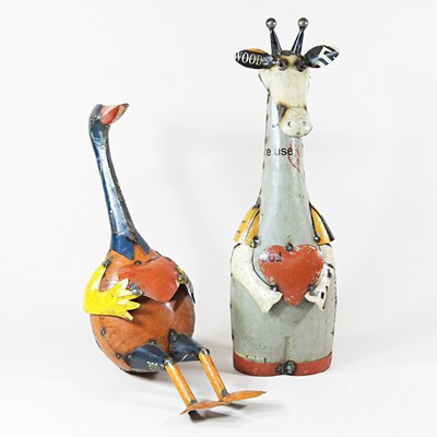 Lot 580 - Two recycled painted tin models of animals,...