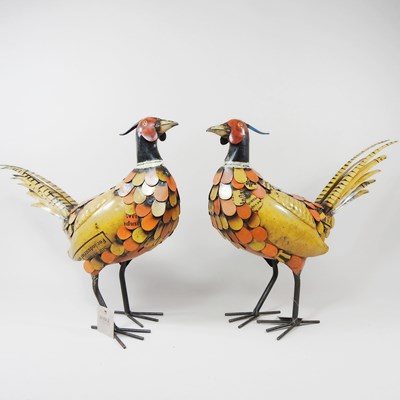 Lot 351 - Two recycled painted metal models of pheasants,...