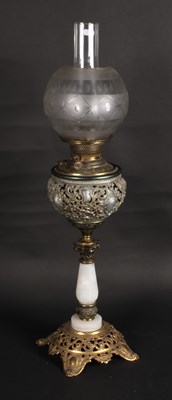 Lot 194 - A Victorian brass and alabaster oil lamp,...