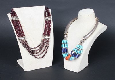 Lot 74 - A silver, turquoise, coral and lapis lazuli...