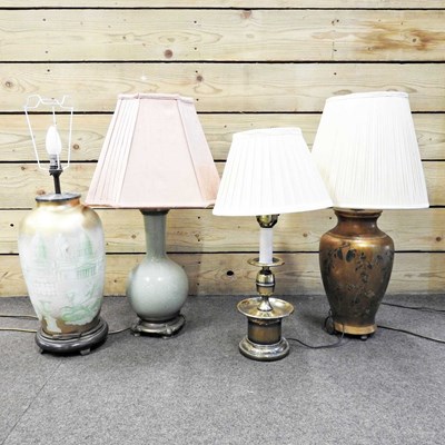 Lot 499 - A modern celadon and brass mounted table lamp...