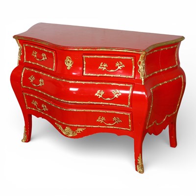 Lot 431 - A French style Ferrari red and gilt chest of...