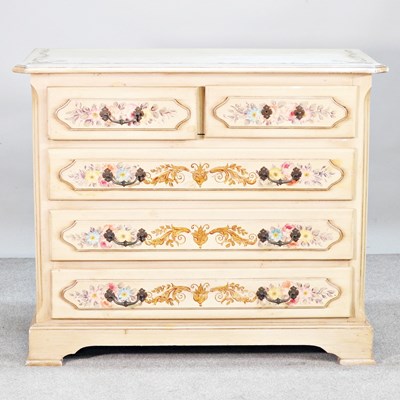Lot 382 - A white painted chest of drawers, decorated...