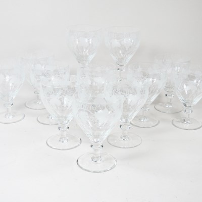 Lot 94 - A suite of glasses, engraved with hops, 16cm high
