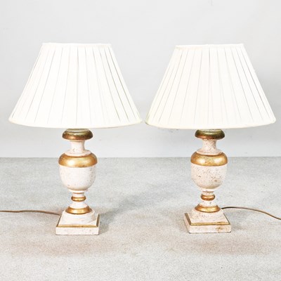Lot 186 - A pair of cream painted table lamps and shades,...