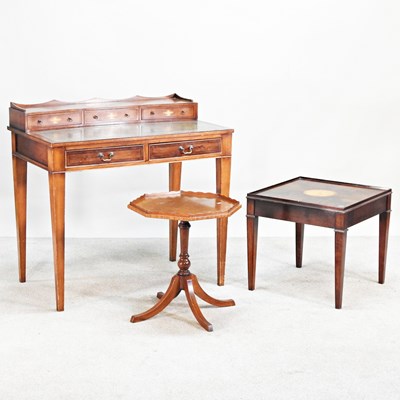 Lot 585 - A reproduction yew wood desk, together with...