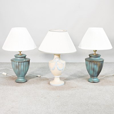 Lot 276 - A pair of green painted table lamps and shades,...