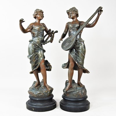 Lot 639 - A pair of French spelter figures, signed R....