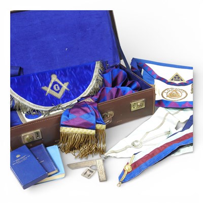 Lot 336 - A collection of Masonic regalia, to include a...