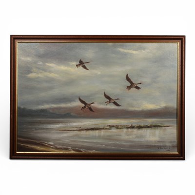 Lot 378 - David Southgate (b.1945), Geese Flying, oil on...