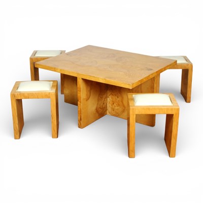 Lot 361 - A burr wood coffee table and four matching stools