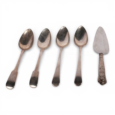 Lot 14 - Four Georgian silver fiddle and Hanoverian...