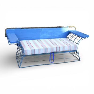Lot 336 - A blue painted metal and wood garden sofa, 183...