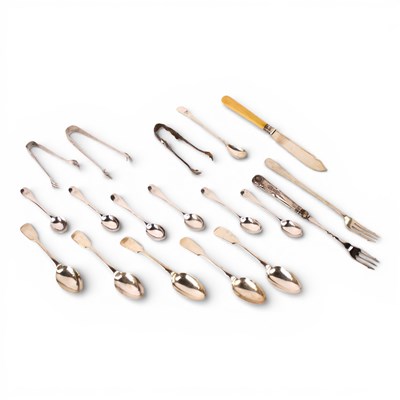 Lot 25 - A collection of silver and plated flatwares,...