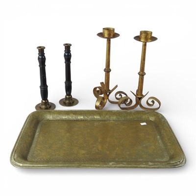 Lot 594 - An Indian brass tray, 52cm wide, together with...
