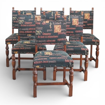 Lot 200 - A set of six mid 20th century upholstered oak...