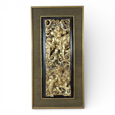 Lot 371 - A Chinese carved and gilt wood relief panel,...