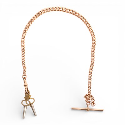 Lot 2 - A 9 carat gold watch chain and T-bar, with two...