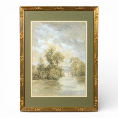 Lot 349 - J Godet, a river landscape, watercolour, dated...