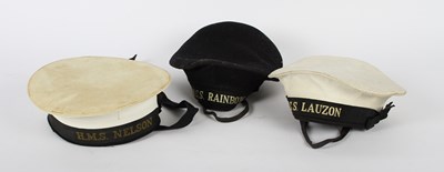 Lot 458 - Three WWII sailor's caps, each with a ribbon,...