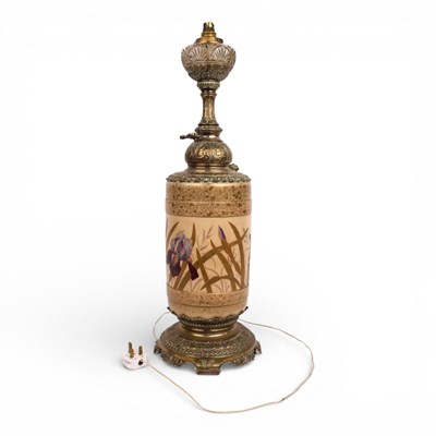 Lot 188 - A large Victorian brass and pottery oil lamp...
