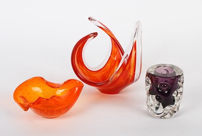 Lot 259 - Three pieces of mid century coloured art glass,...