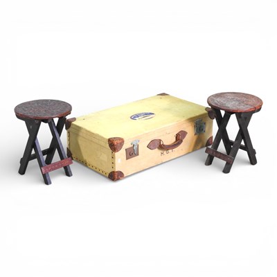 Lot 663 - A vintage leather mounted canvas suitcase,...