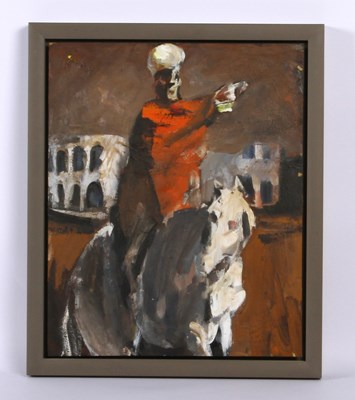 Lot 339 - Contemporary, Man on horseback, oil on board,...