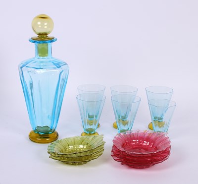 Lot 162 - An Art Deco blue and yellow glass drinks set,...