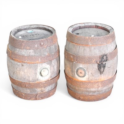 Lot 437 - A pair of coopered wooden barrels, 44cm high (2)