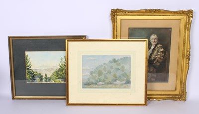 Lot 299 - Two watercolours of landscapes and a coloured...