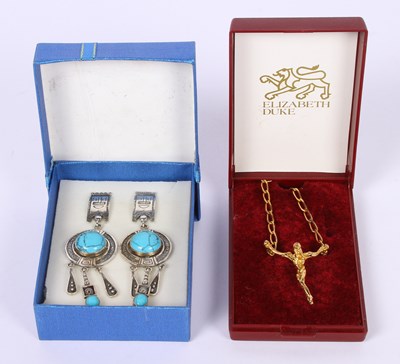 Lot 106 - A pair of silver and turquoise earrings, 17g...