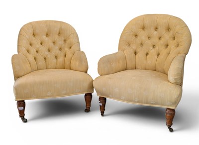 Lot 599 - A pair of Victorian yellow button upholstered...