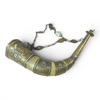 Lot 37 - A continental horn powder flask, with embossed...