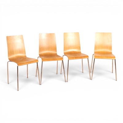 Lot 518 - A set of four oak and chrome stacking dining...