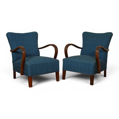 Lot 579 - A pair of 1930s carved beech open armchairs