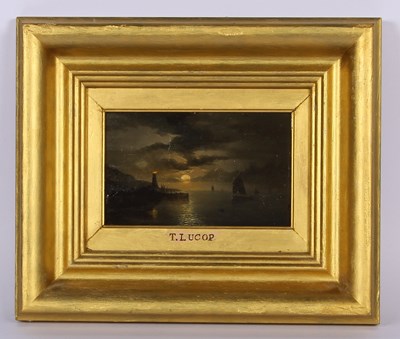 Lot 324 - Thomas Lucop (1834-1911), 'Lighthouse', oil on...