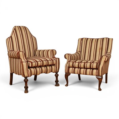 Lot 601 - Two cream and red upholstered armchairs