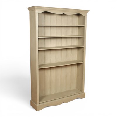 Lot 621 - A grey painted pine open bookcase, 129x32cm